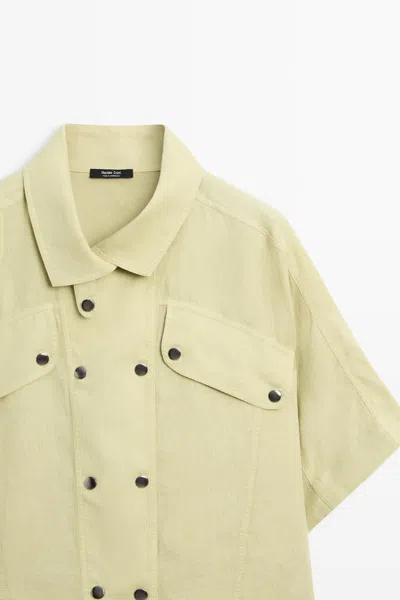 Massimo Dutti Short Sleeve Linen Shirt With Snap Buttons In Green