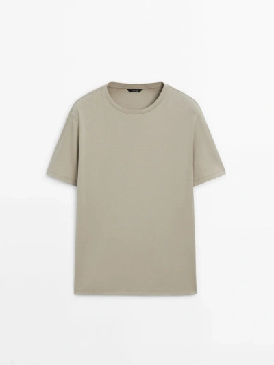 Massimo Dutti Short Sleeve Mercerised Cotton T-shirt In Sand