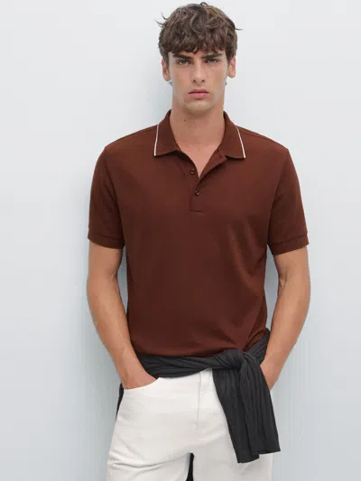 Massimo Dutti Short Sleeve Polo Shirt With Collar Detail In Brown
