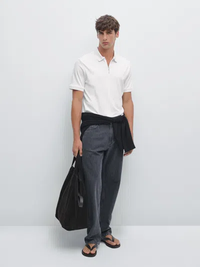 Massimo Dutti Short Sleeve Polo Shirt With Zip In White