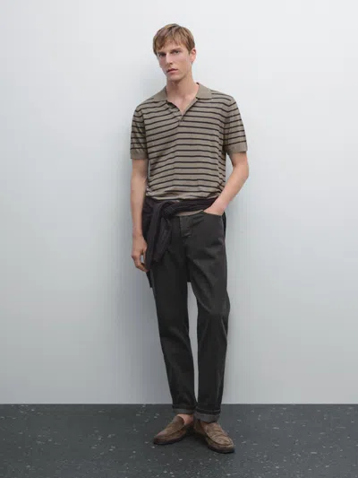 Massimo Dutti Short Sleeve Striped Knit Polo Shirt In Gray