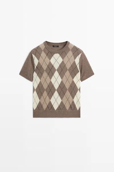 Massimo Dutti Short Sleeve Sweater With Diamond Detail In Brown