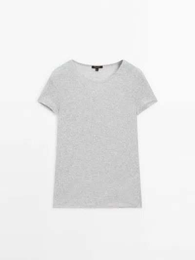 Massimo Dutti Short Sleeve T-shirt With Ribbed Detail In Grey Marl