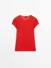 Massimo Dutti Short Sleeve T-shirt With Ribbed Detail In Red