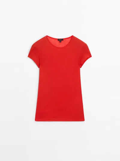 Massimo Dutti Short Sleeve T-shirt With Ribbed Detail In Red
