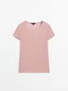 Massimo Dutti Short Sleeve T-shirt With Ribbed Detail In Rose Pink