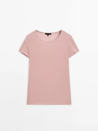 Massimo Dutti Short Sleeve T-shirt With Ribbed Detail In Rose Pink