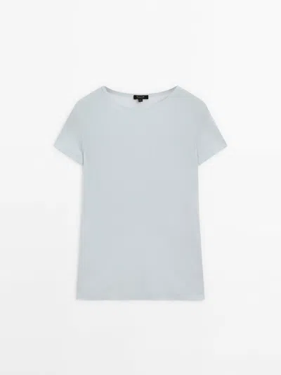 Massimo Dutti Short Sleeve T-shirt With Ribbed Detail In Sky Blue