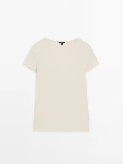 Massimo Dutti Short Sleeve T-shirt With Ribbed Detail In Stone