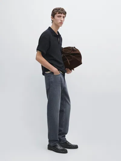 Massimo Dutti Short Sleeve Textured Knit Polo Shirt In Black