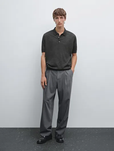 Massimo Dutti Short Sleeve Wool Blend Knit Polo Shirt In Black