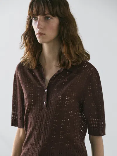 Massimo Dutti Short Sleeve Wool Blend Knit Polo Shirt In Brown