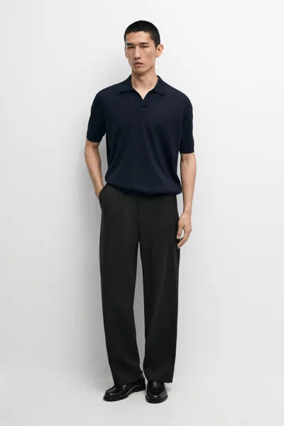 Massimo Dutti Short Sleeve Wool Blend Knit Polo Shirt In Navy Blue