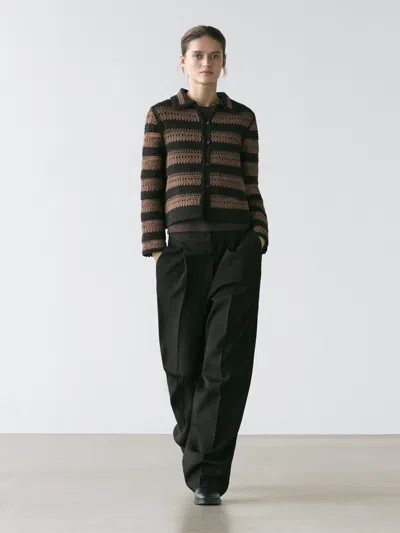 Massimo Dutti Short Striped Crochet Knit Cardigan In Black