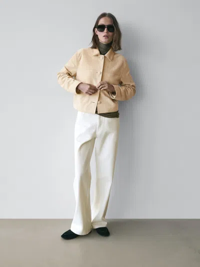 Massimo Dutti Short Suede Leather Jacket In Brown