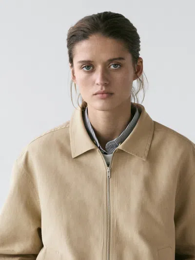 Massimo Dutti Short Suede Leather Jacket With Collar Detail In Neutral