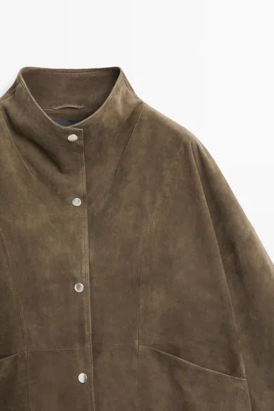 Massimo Dutti Short Suede Leather Parka With Buttons In Brown