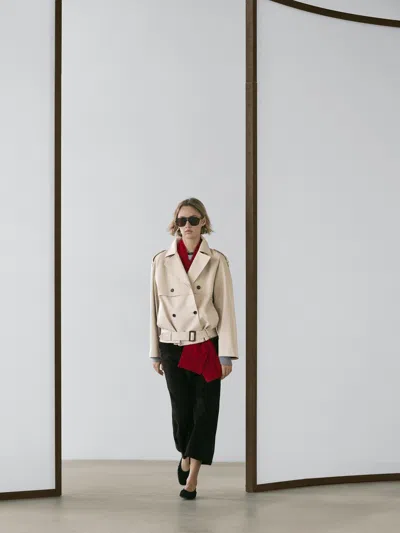 Massimo Dutti Short Trench Coat With Belt Detail In Neutral