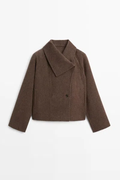 Massimo Dutti Short Wool Blend Coat With Side Fastening In Chocolate