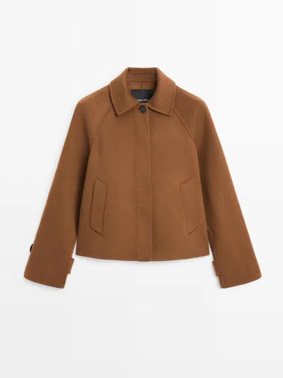 Massimo Dutti Short Wool Blend Raglan Sleeve Coat In Brown