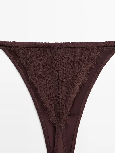 Massimo Dutti Silk Thong With Lace Detail In Brown