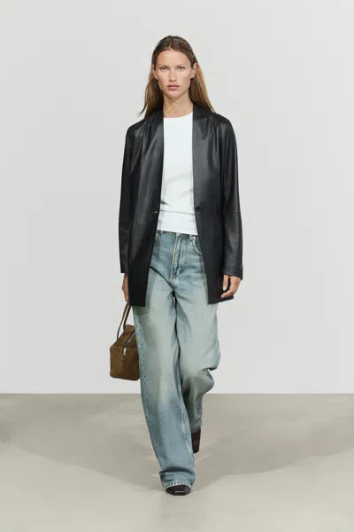 Massimo Dutti Blazer Com Detalhe De Botão Em 100% Pele Napa In Blue