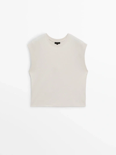 Massimo Dutti Sleeveless 100% Cotton T-shirt In Cream