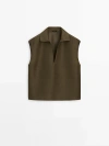 Massimo Dutti Sleeveless Polo Collar Blouse In Khaki