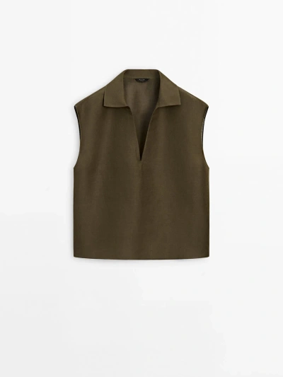 Massimo Dutti Sleeveless Polo Collar Blouse In Khaki