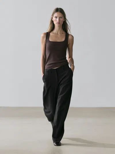 Massimo Dutti Sleeveless Top With Square Neckline In Brown