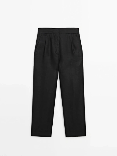 Massimo Dutti Slim Fit Darted Linen Trousers In Black