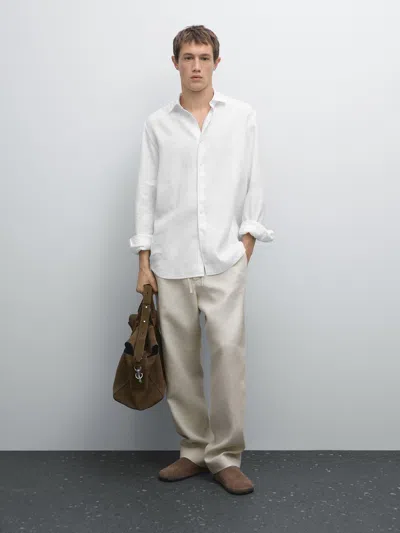 Massimo Dutti Slim Fit Linen Blend Shirt In White