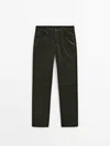 Massimo Dutti Slim Fit Micro Corduroy Trousers With Stitching Detail In Dark Green