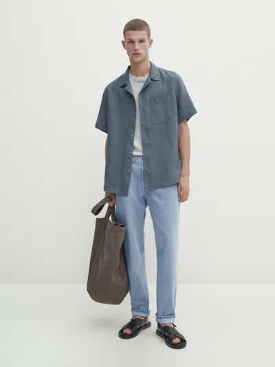 Massimo Dutti Leinenhemd Kurzarm Slim-fit In Blau