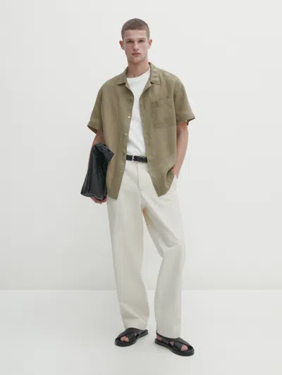 Massimo Dutti Leinenhemd Kurzarm Slim-fit In Grün