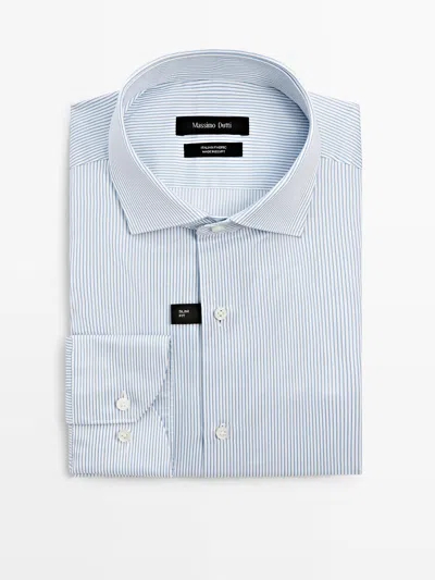 Massimo Dutti Slim Fit Striped 100% Cotton Shirt In Blue