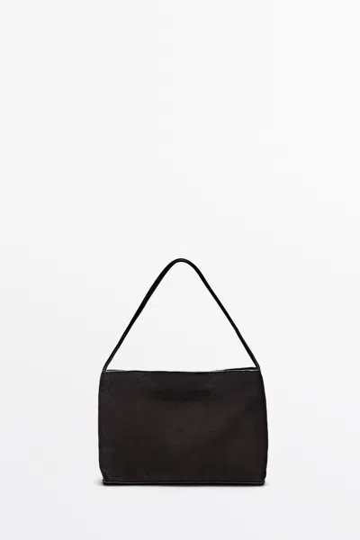 Massimo Dutti Small Split Suede Leather Shoulder Bag In Chocolate