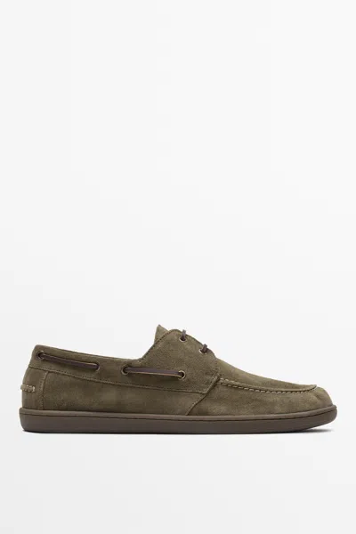 Massimo Dutti Soft Leather Boat Shoe In Khaki