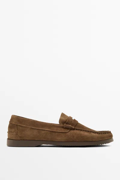 Massimo Dutti Soft Leather Penny Loafers In Brown