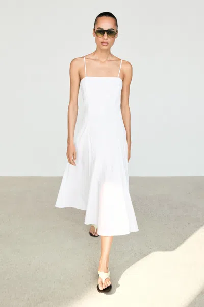 Massimo Dutti Spaghetti Strap Poplin Midi Dress In White