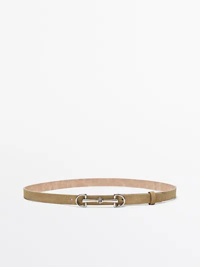 Massimo Dutti Split Leather Belt With Double Buckle In Sand