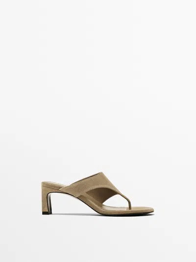 Massimo Dutti Split Leather Heeled Sandals In Sand Brown