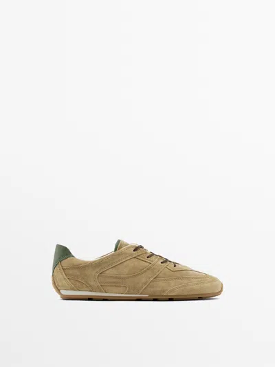 Massimo Dutti Split Leather Trainers With Piece Details In Brown