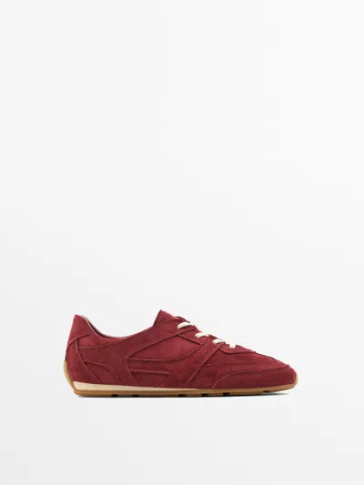 Massimo Dutti Split Leather Trainers With Piece Details In Burgundy