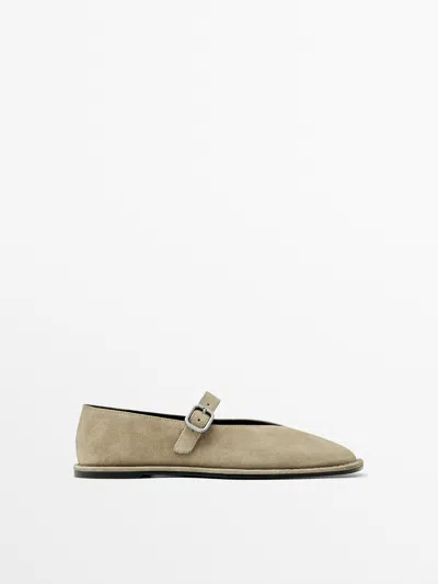 Massimo Dutti Split Suede Ballet Flats With Buckle In Sand Brown