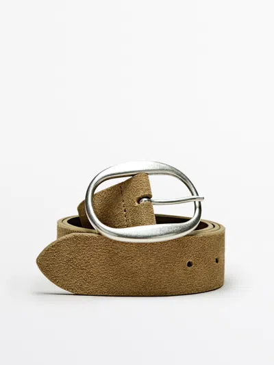 Massimo Dutti Split Suede Leather Belt With Oval Buckle In Brown
