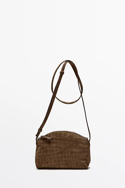 Massimo Dutti Mala A Tiracolo Em Pele Croute In Caqui