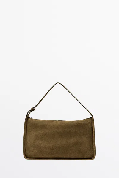 Massimo Dutti Split Suede Leather Crossbody Bag In Khaki Green