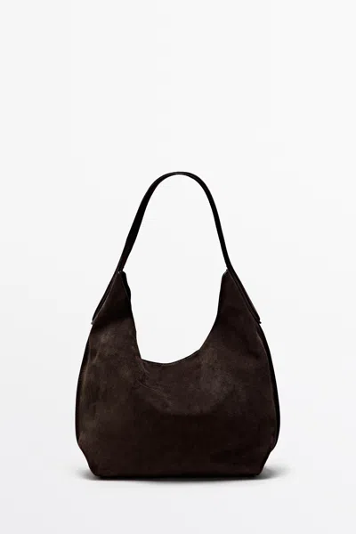 Massimo Dutti Split Suede Leather Mini Bag In Chocolate