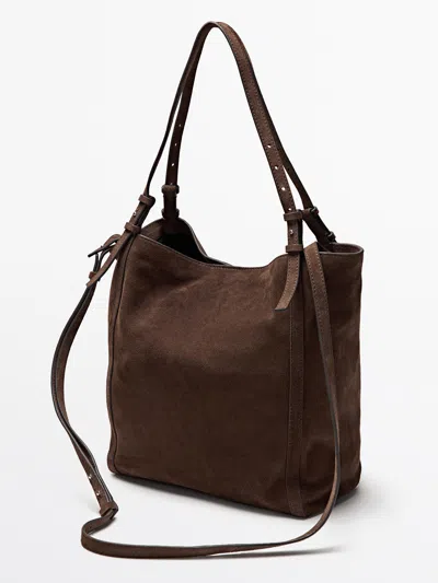 Massimo Dutti Split Suede Leather Shopper Bag In Black